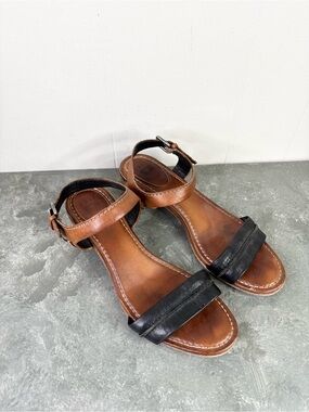 Frye black Phillip seam brown leather strap sandals size 9 ankle strap